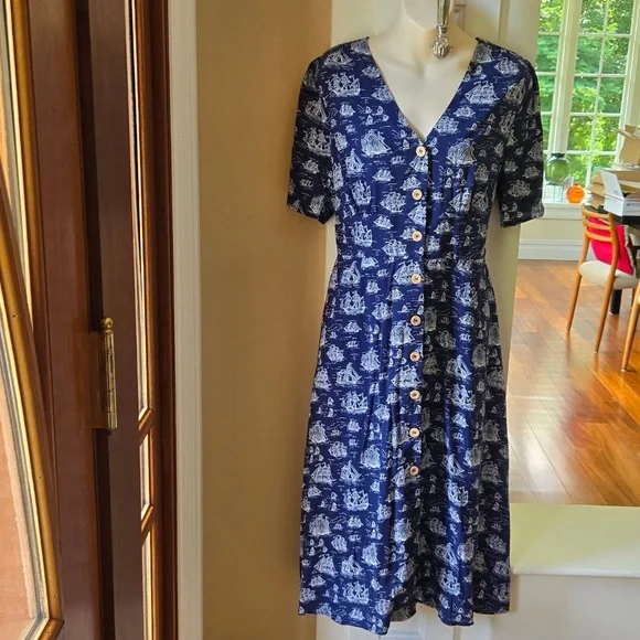 New Joanie v neck midi dress size 10 ship print navy & white - Picture 3 of 14